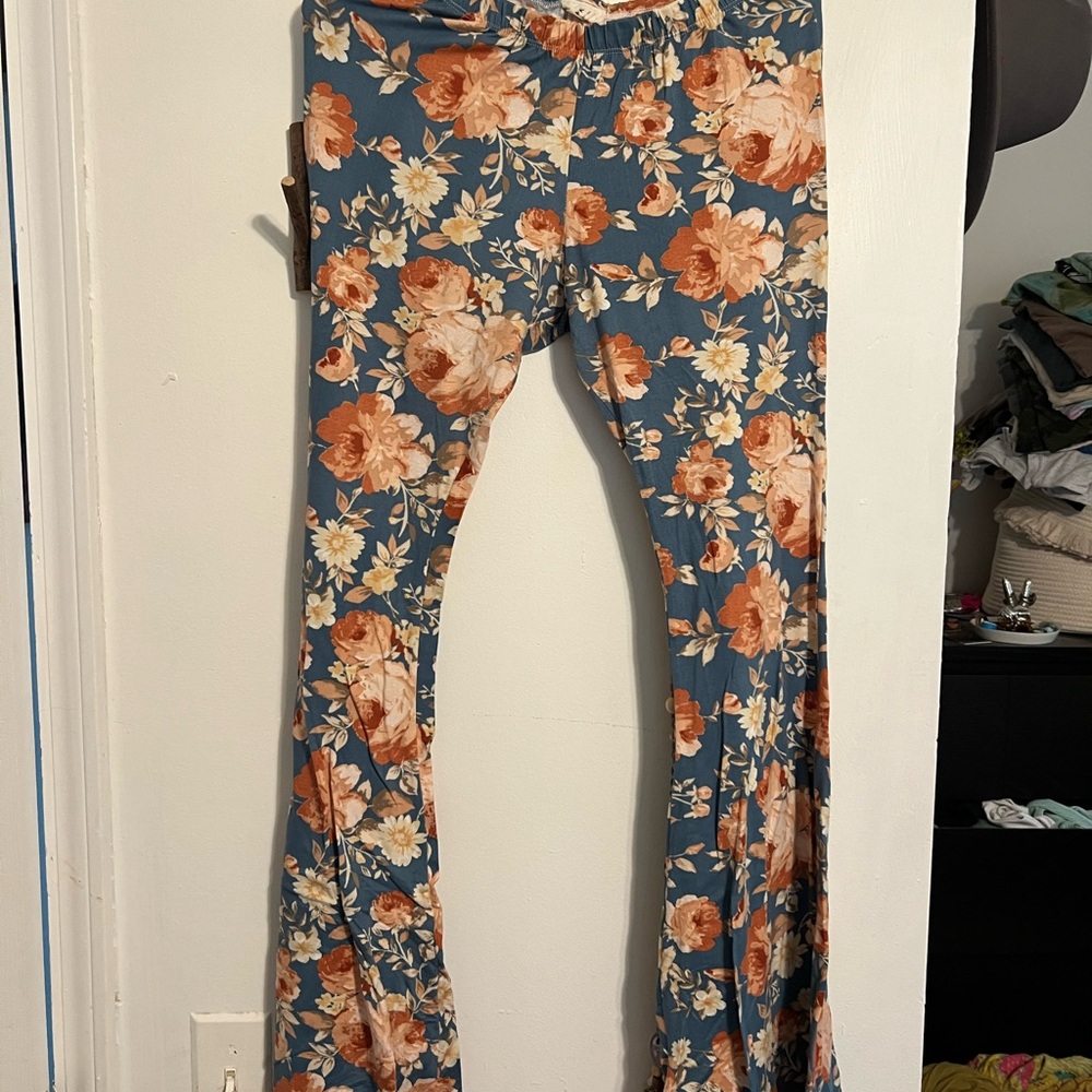 Three Bird Nest Floral Patterned Pants in Blue and Orange